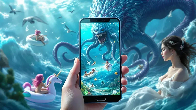 Ilustrasi permainan tembak ikan mobile dengan suasana laut
